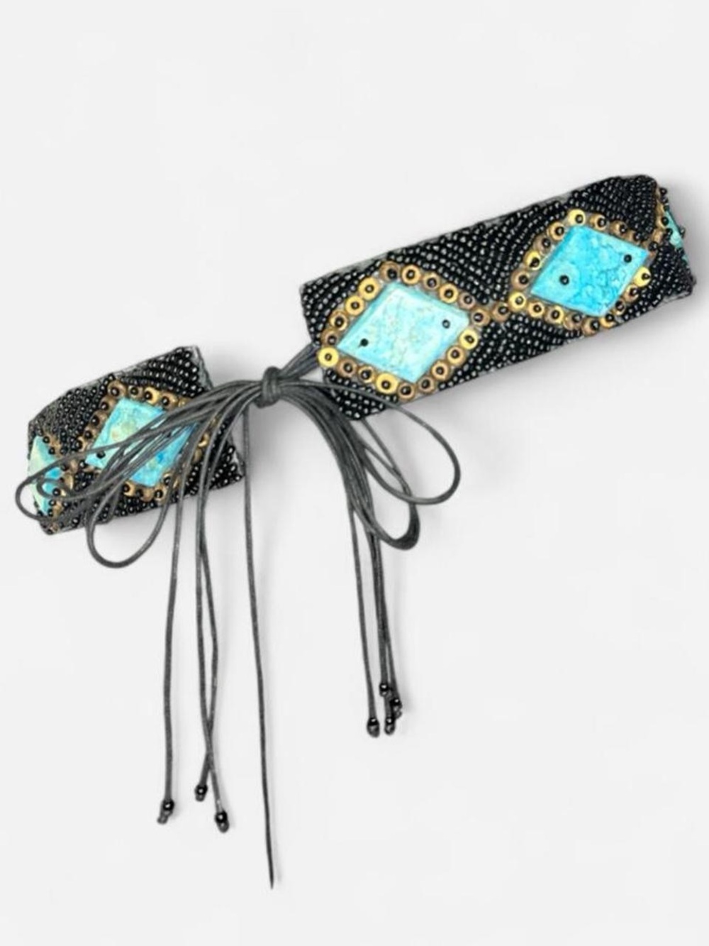 Vintage Hand-Beaded Black Belt with Turquoise Tile Accents